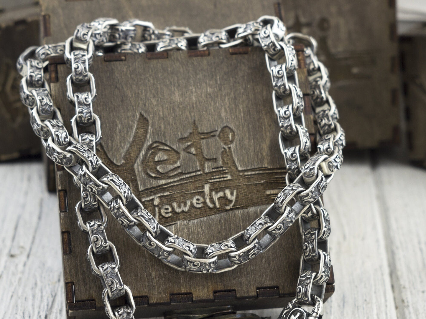 Heavy silver chain Brutalist necklace Silver biker jewelry Floral ornament chain