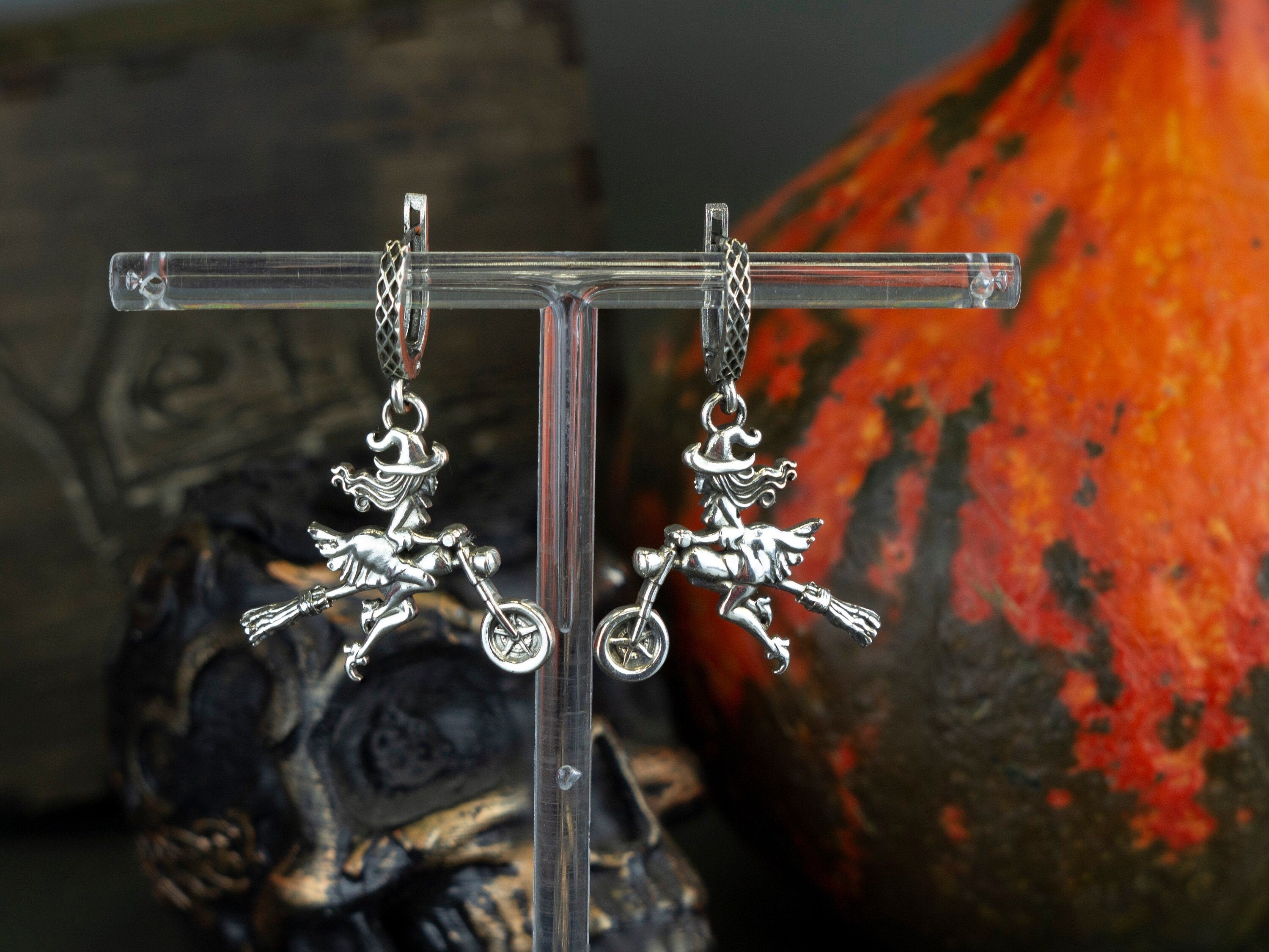 Wiches earrings Witch on bike Silver gift for motorcycle lady   Witch on a motorcycle