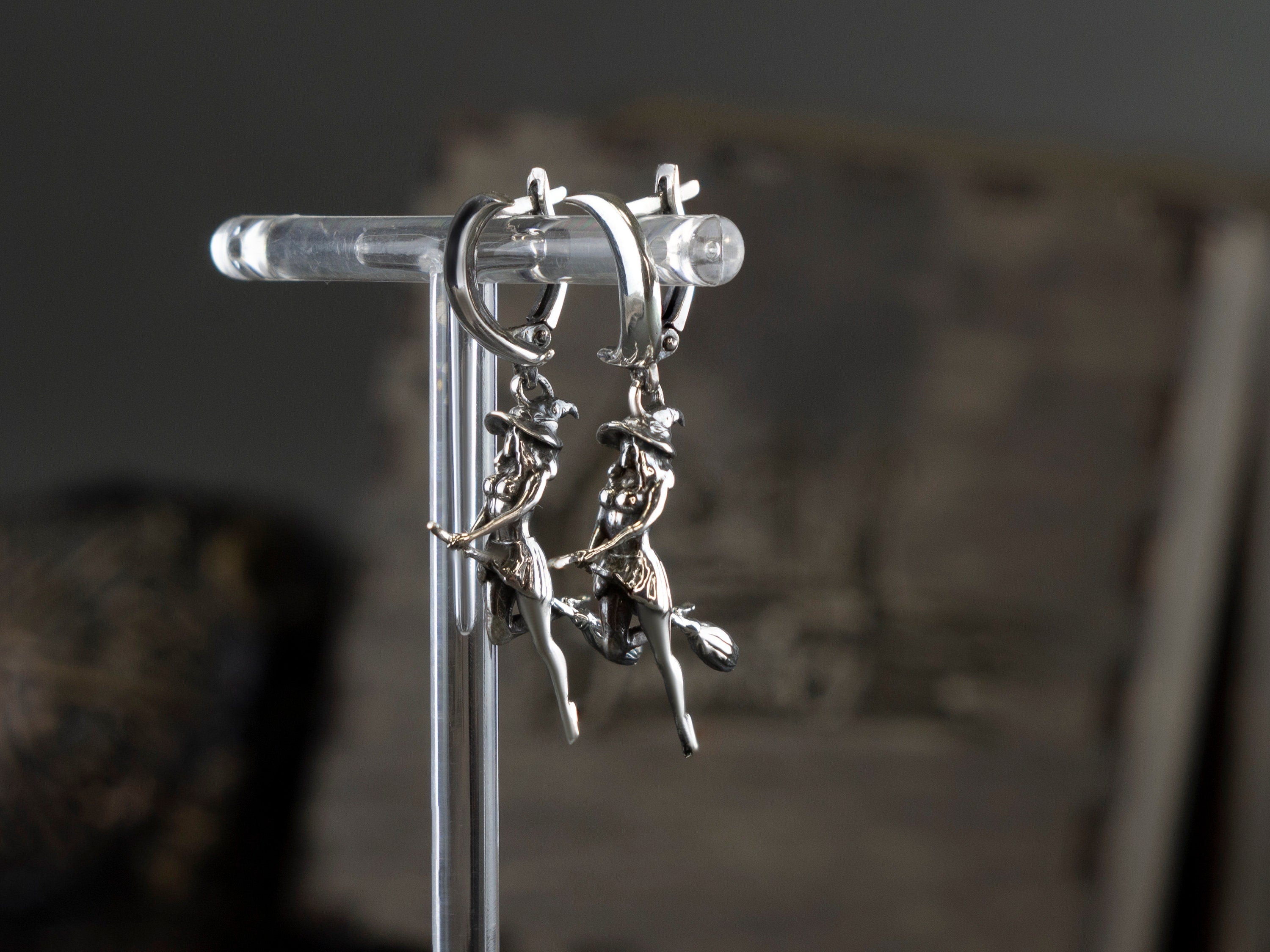 Witch earrings Silver Witch on a Broomstick earrings Flying witch Witches jewelry