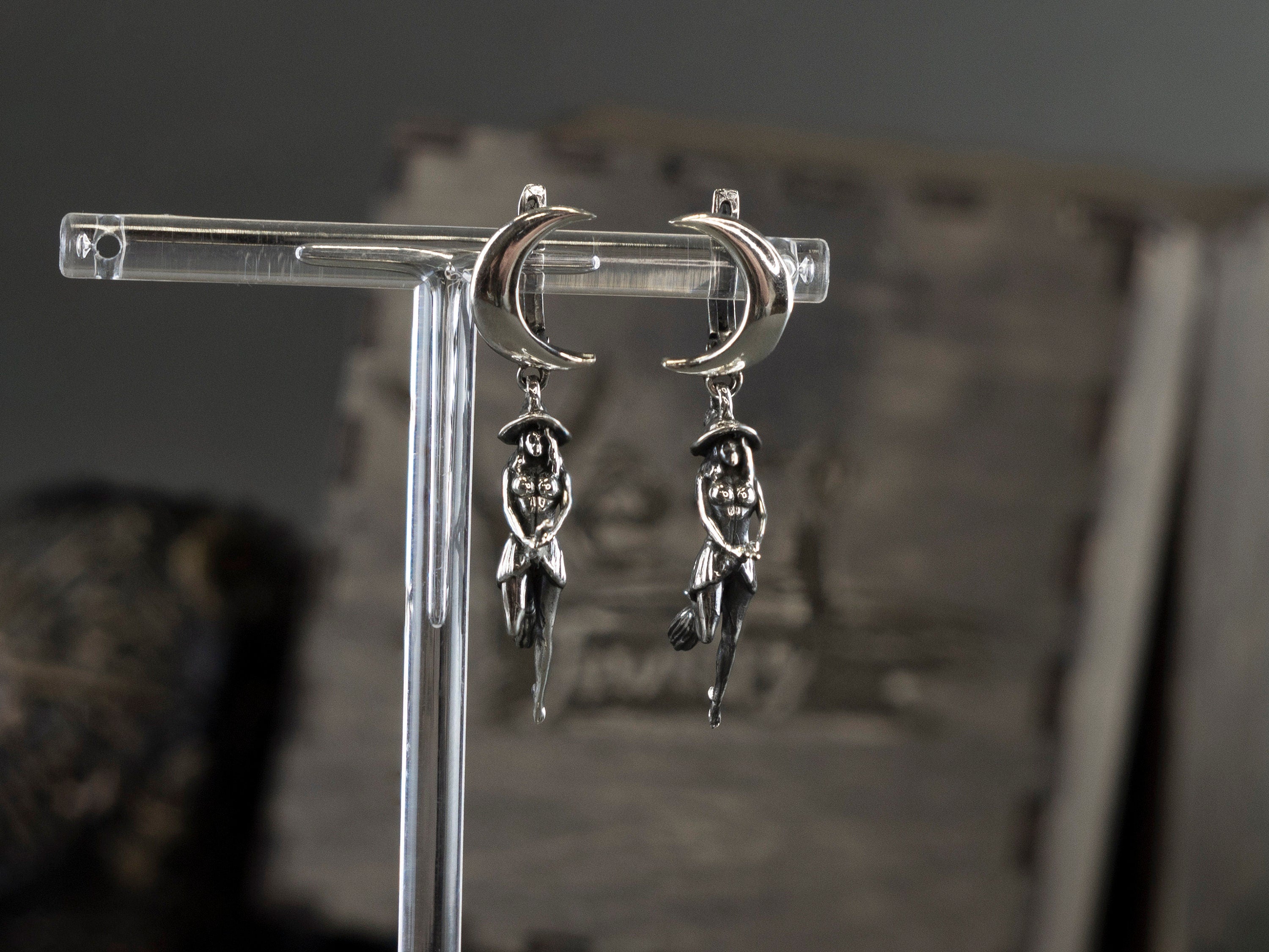 Witch earrings Silver Witch on a Broomstick earrings Flying witch Witches jewelry