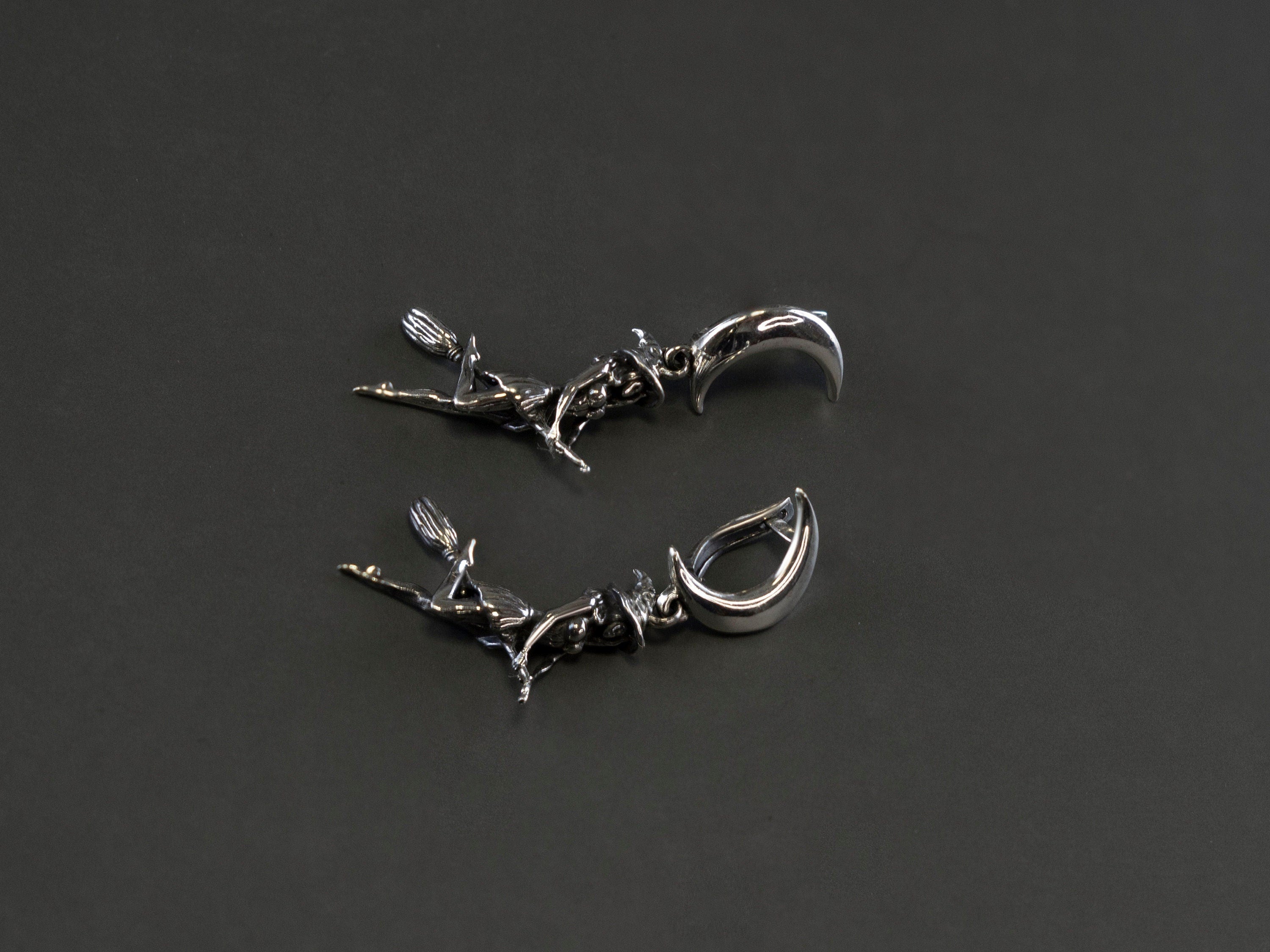 Witch earrings Silver Witch on a Broomstick earrings Flying witch Witches jewelry