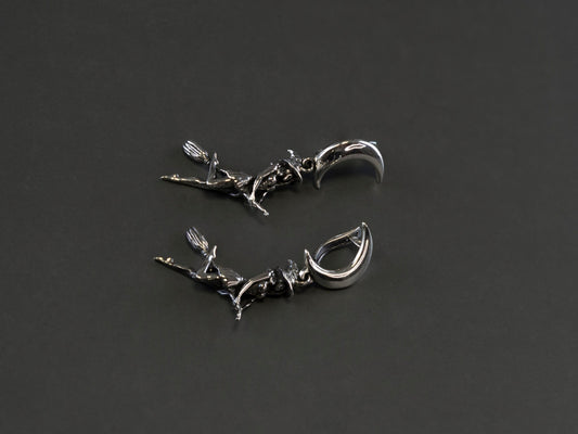 Witch earrings Silver Witch on a Broomstick earrings Flying witch Witches jewelry
