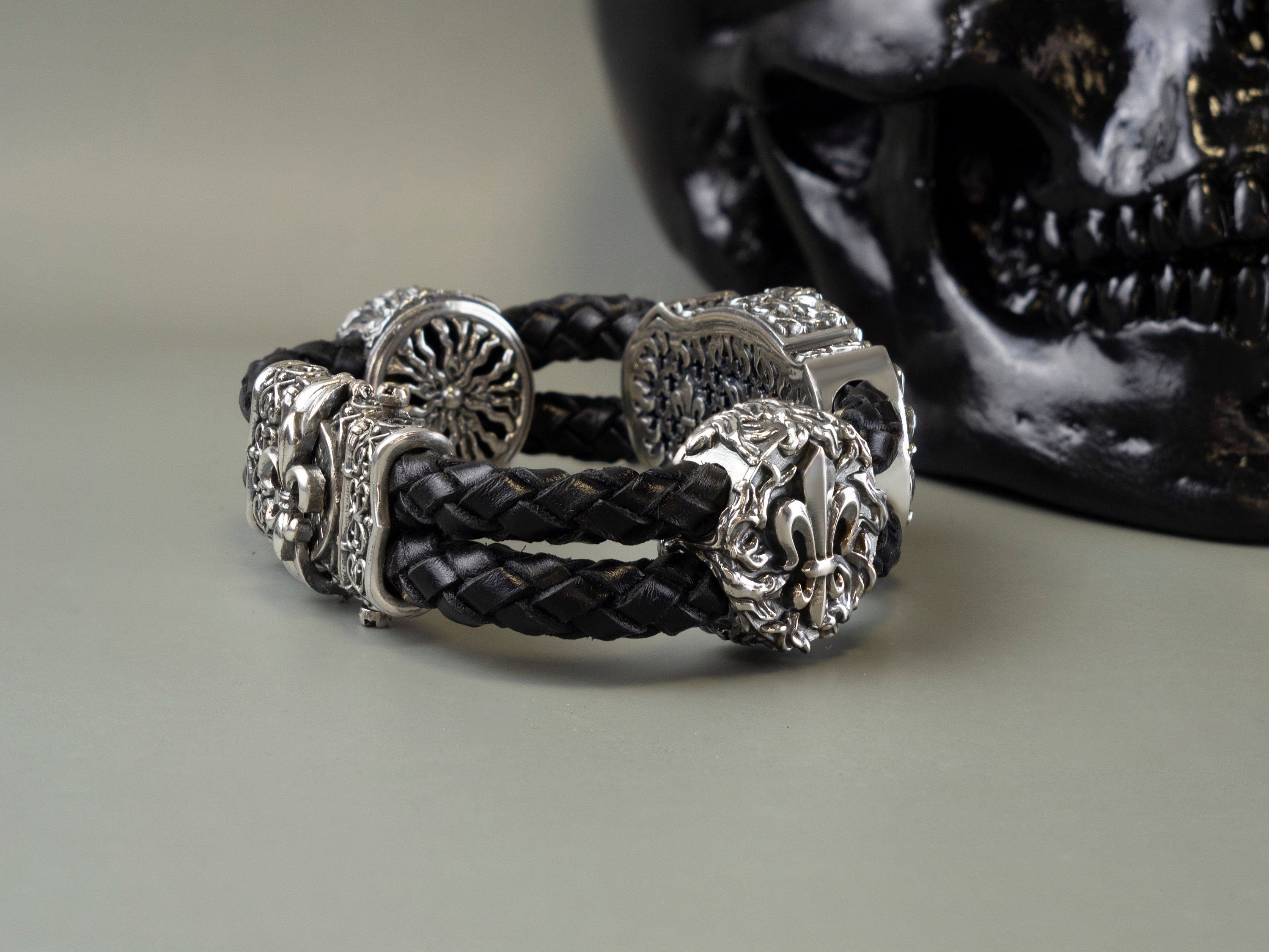 Lion huge silver bracelet Lion with leather cord Biker jewelry Heavy men's jewelry