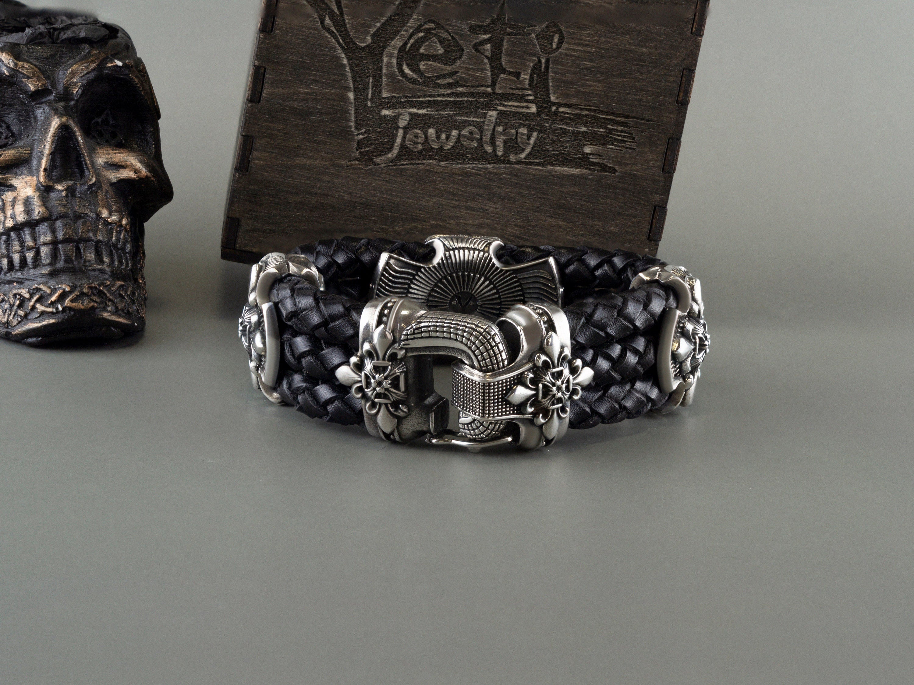 Huge skull bracelet  Silver skull bracelet with leather Biker jewelry