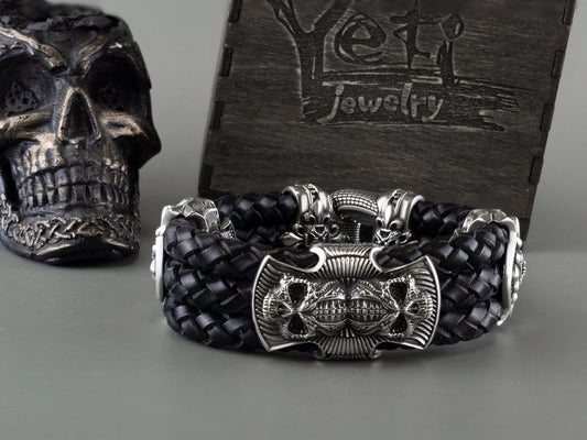 Huge skull bracelet  Silver skull bracelet with leather Biker jewelry