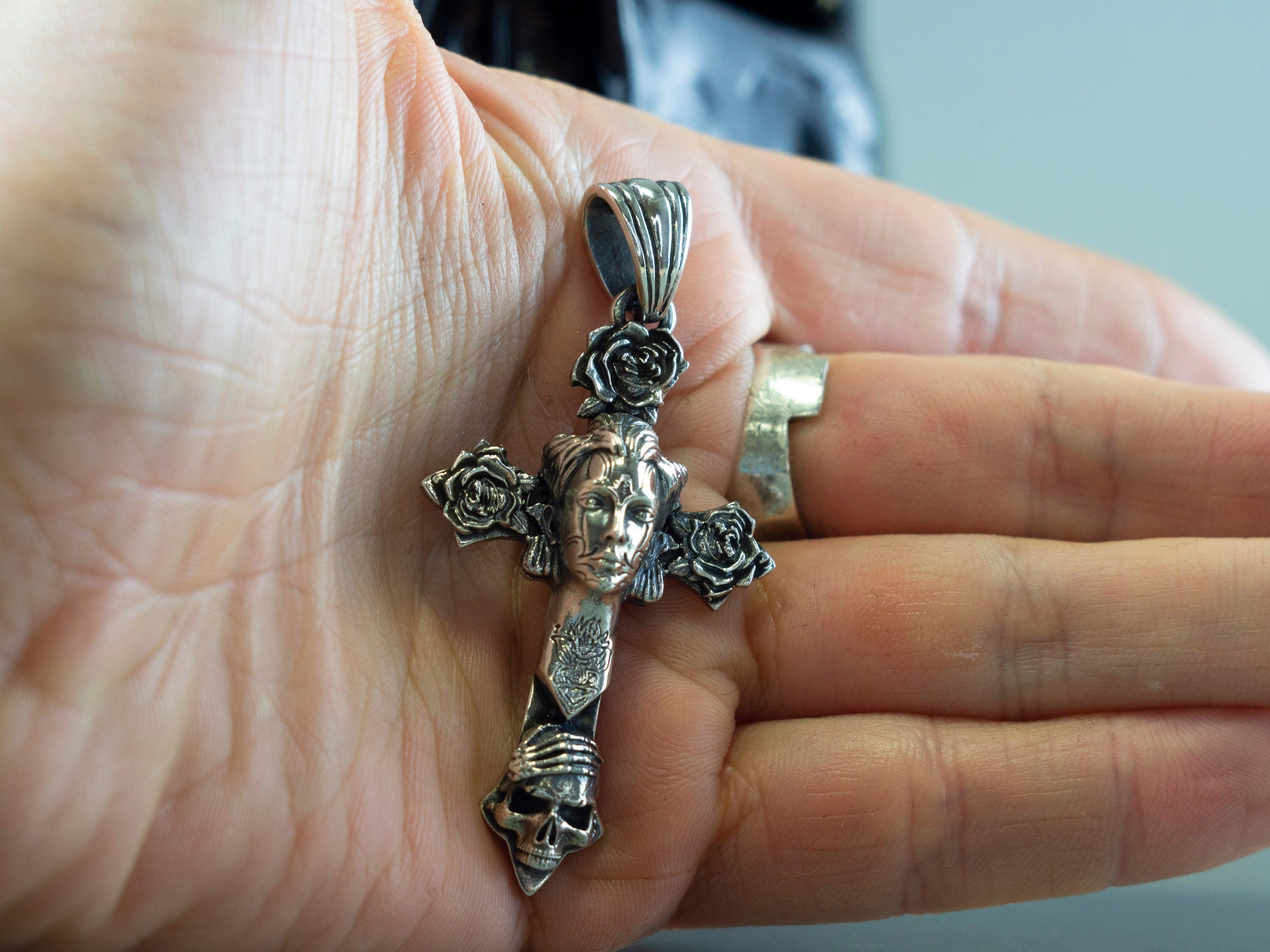 Witches cross Silver cross with with Cross with skull Gothic cross