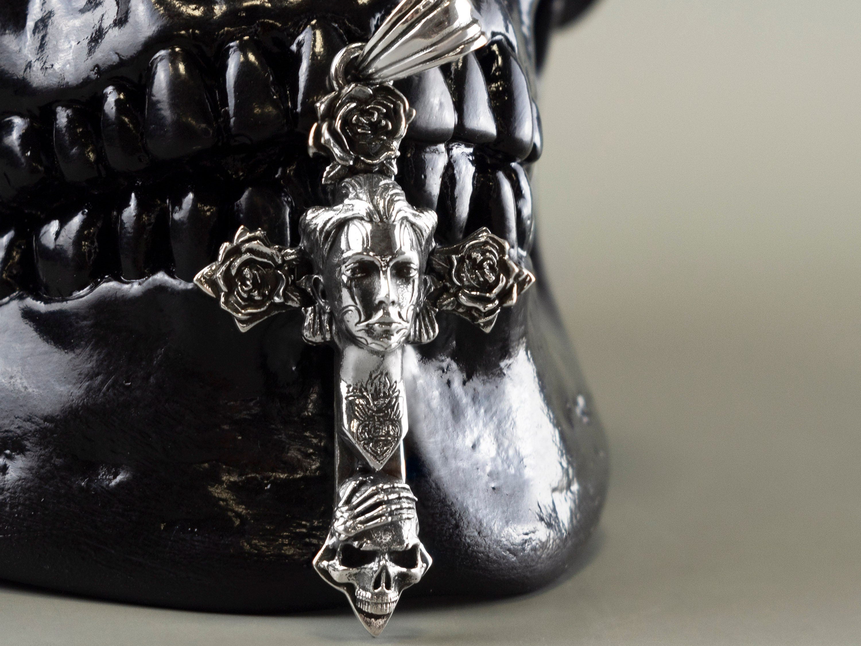 Witches cross Silver cross with with Cross with skull Gothic cross