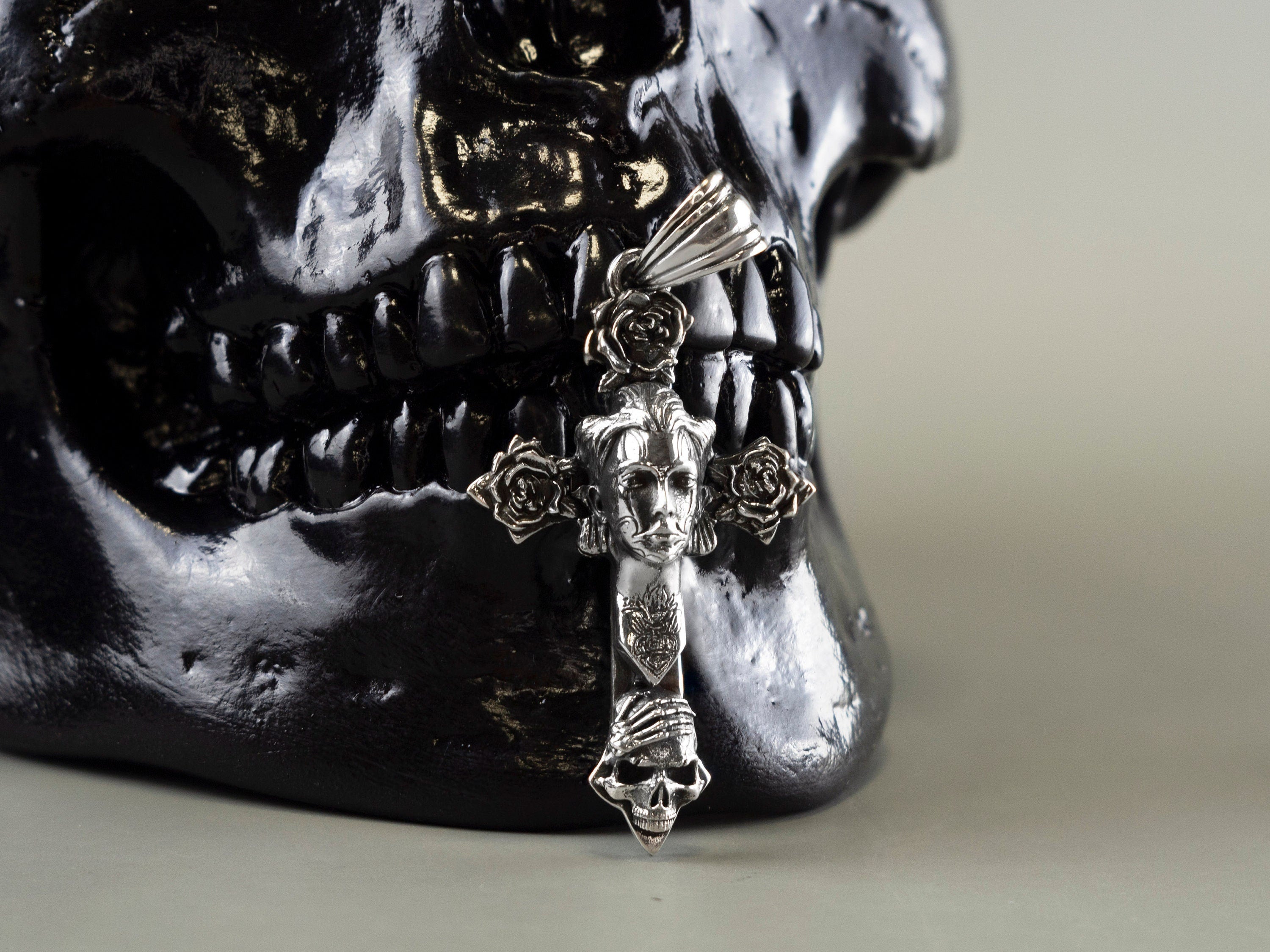 Witches cross Silver cross with with Cross with skull Gothic cross