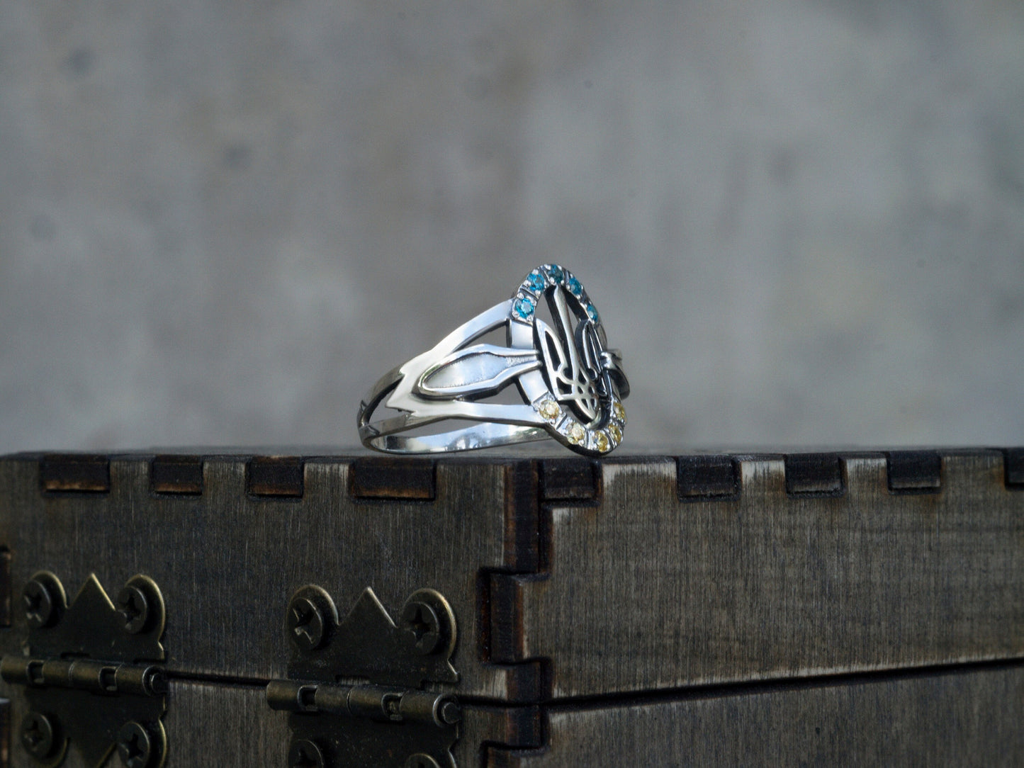 Women's Ukrainian ring Trident  Silver ring with Tryzub Trident ring Blue and yellow ring  Silver ring Trizub Ukraine symbol