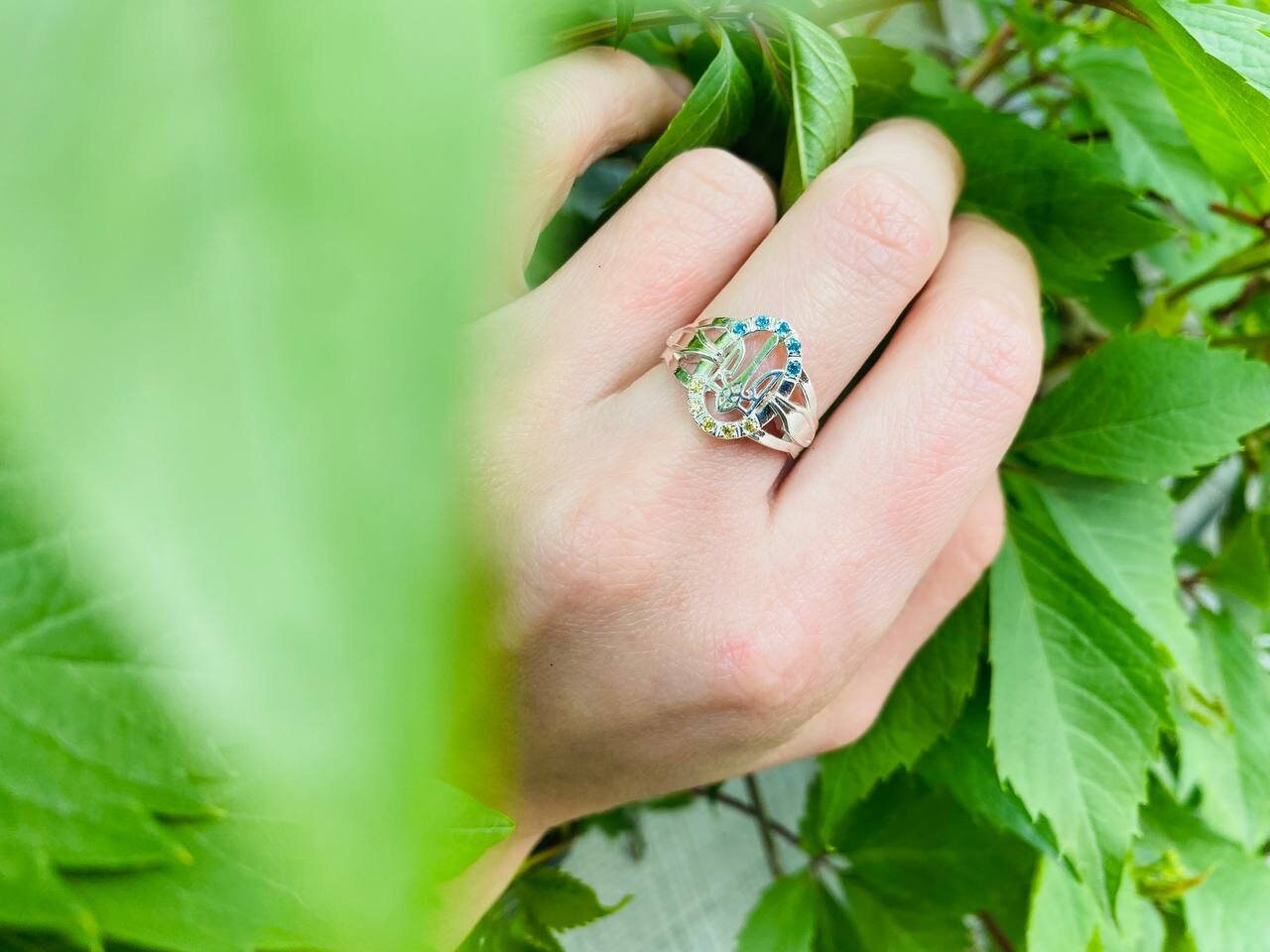 Women's Ukrainian ring Trident  Silver ring with Tryzub Trident ring Blue and yellow ring  Silver ring Trizub Ukraine symbol