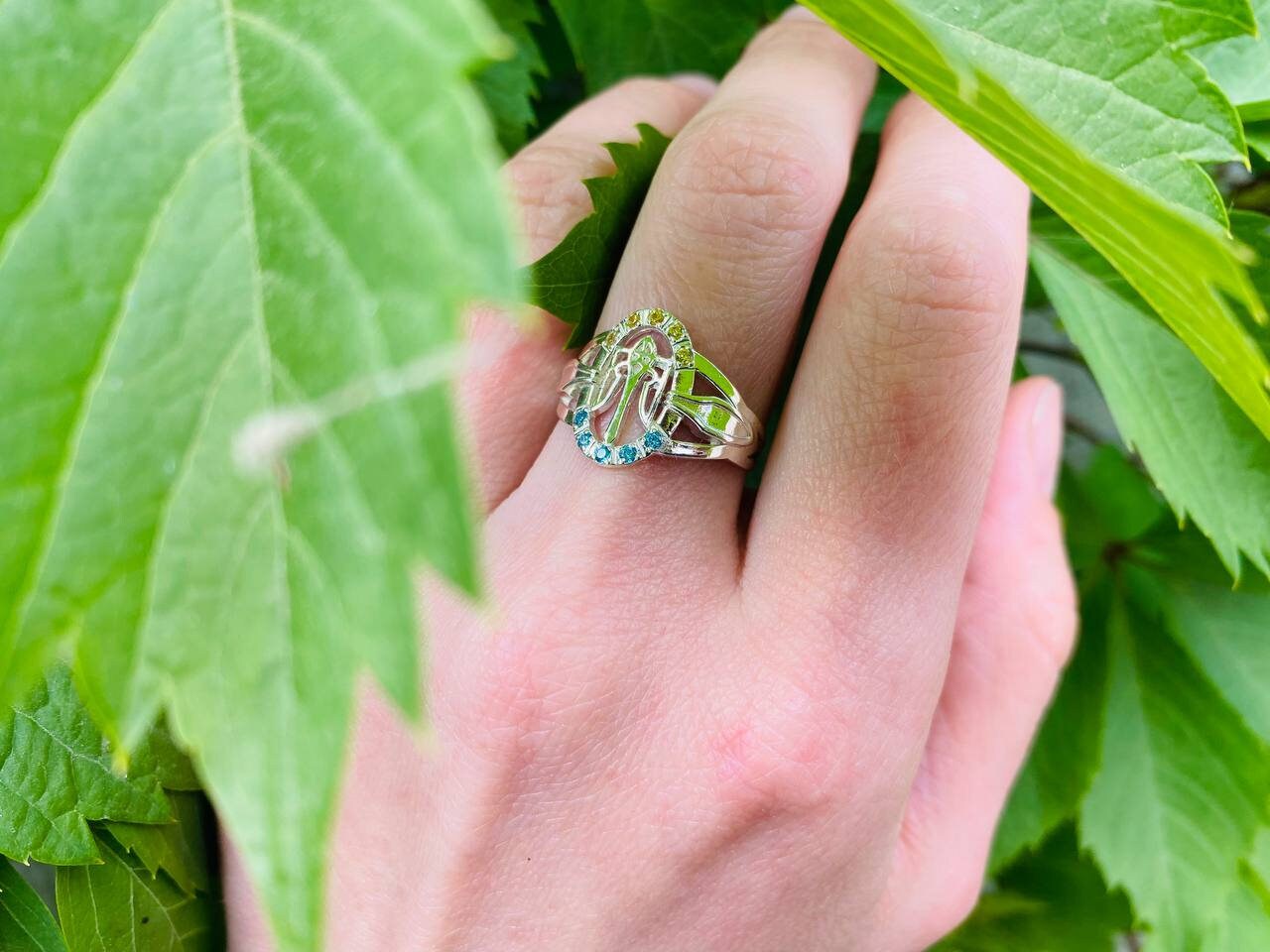 Women's Ukrainian ring Trident  Silver ring with Tryzub Trident ring Blue and yellow ring  Silver ring Trizub Ukraine symbol