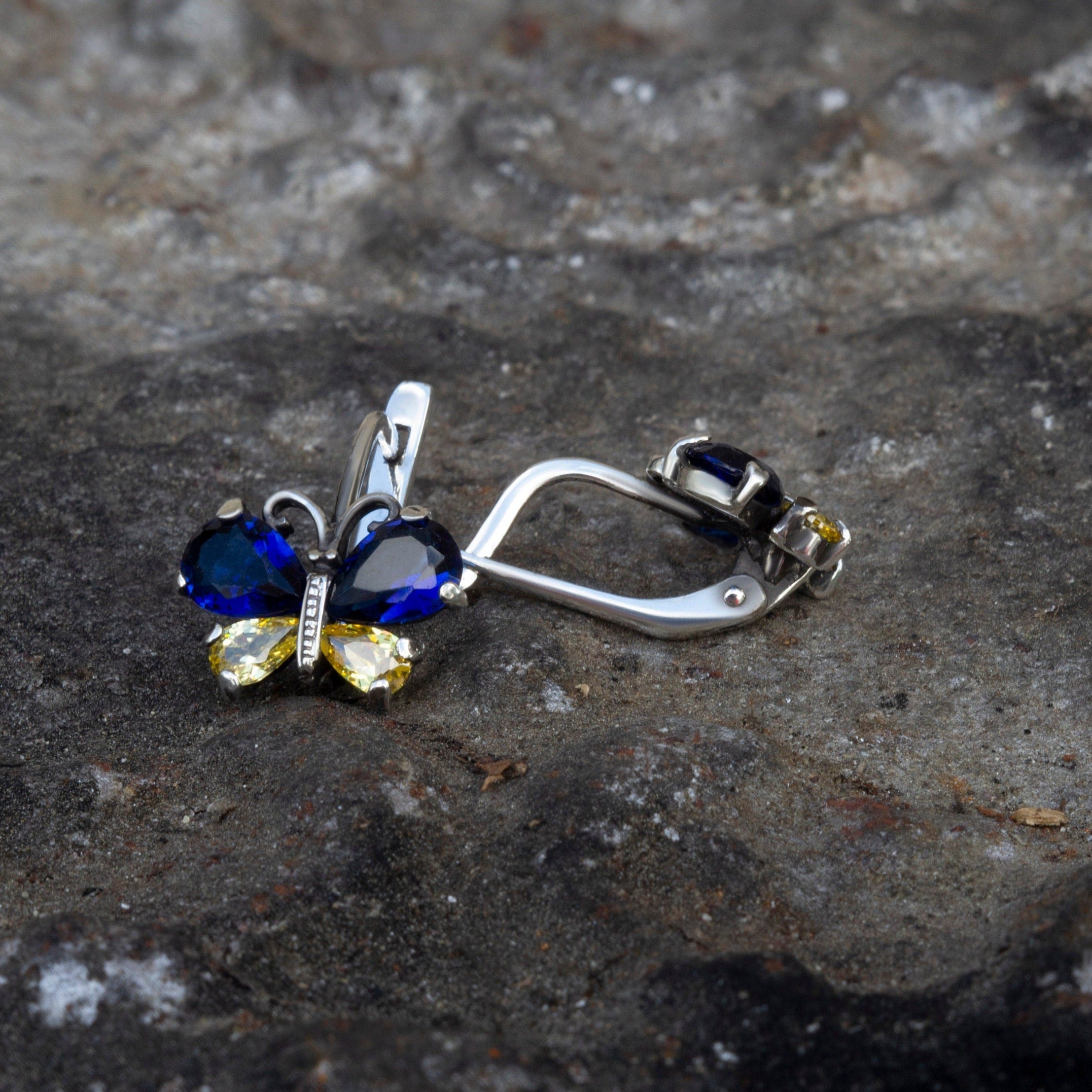 Blue and yellow butterfly earrings Ukrainian colors earrings Silver Butterfly earrings  Yellow blue earrings