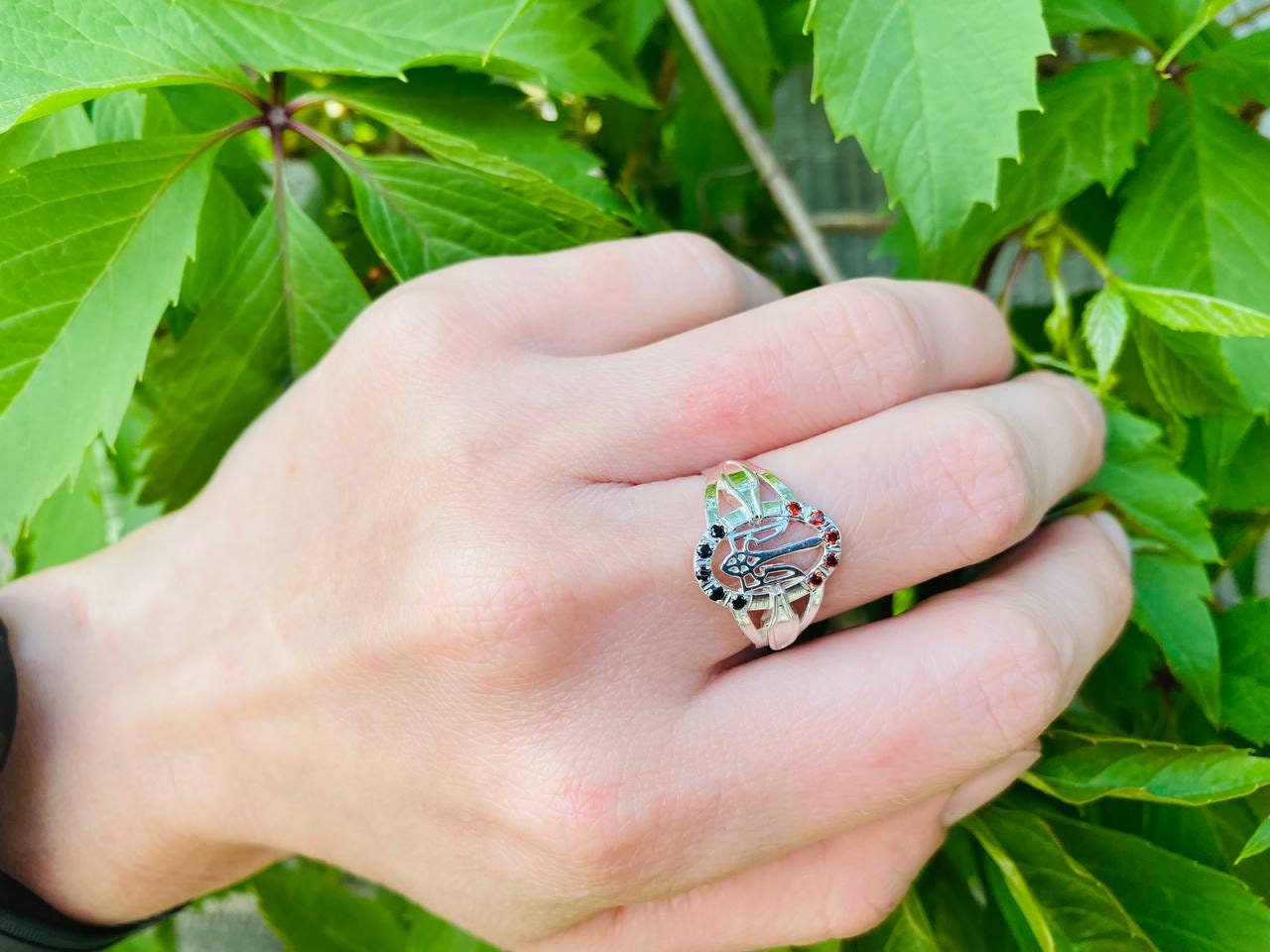 Women's Ukrainian ring Trident  Silver ring with Tryzub Trident ring Red and yblack ring  Silver ring Trizub Ukraine symbol