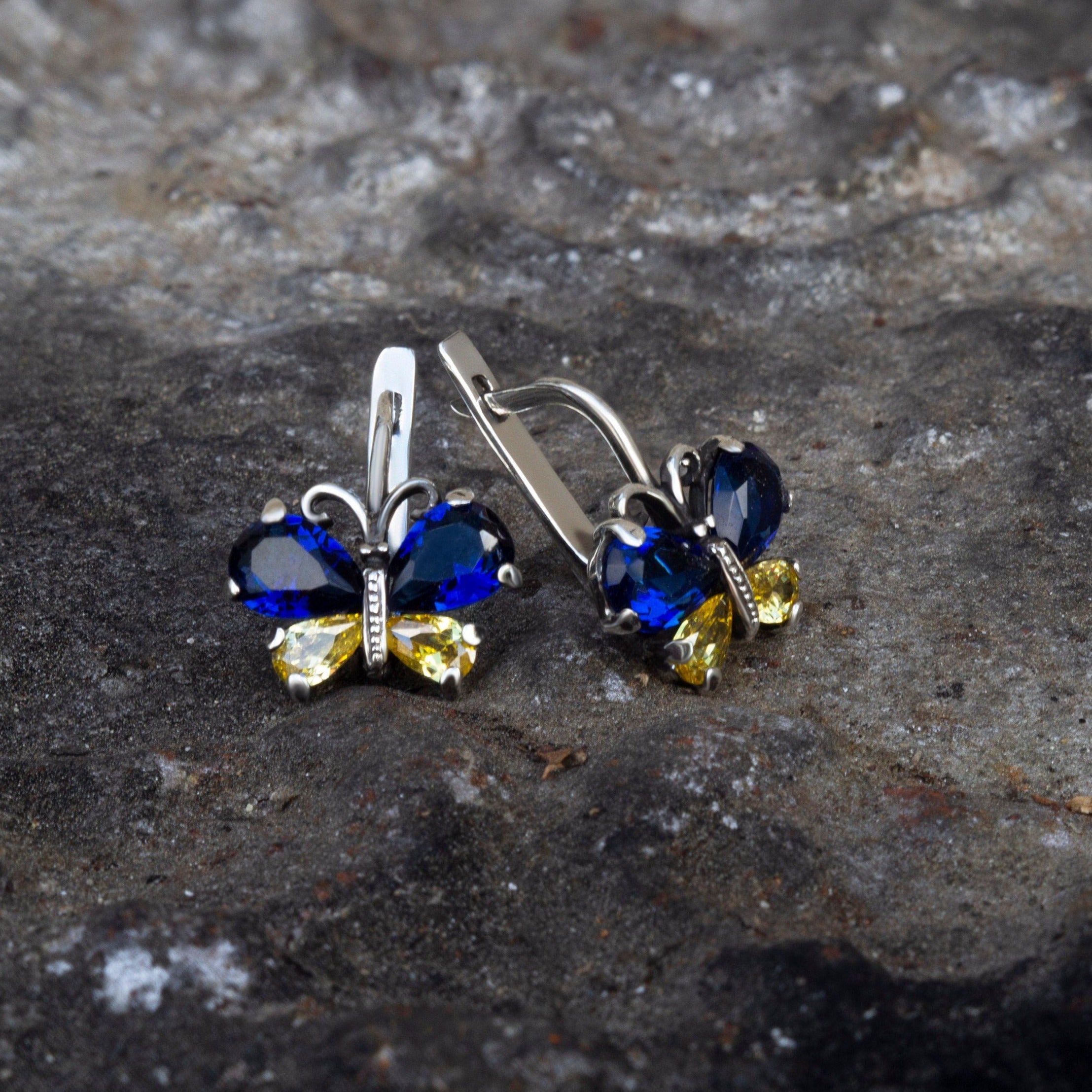 Blue and yellow butterfly earrings Ukrainian colors earrings Silver Butterfly earrings  Yellow blue earrings