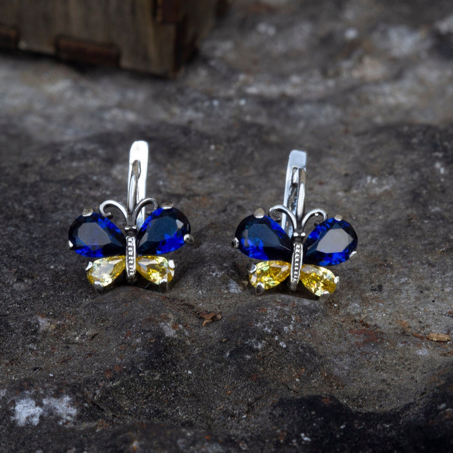 Blue and yellow butterfly earrings Ukrainian colors earrings Silver Butterfly earrings  Yellow blue earrings