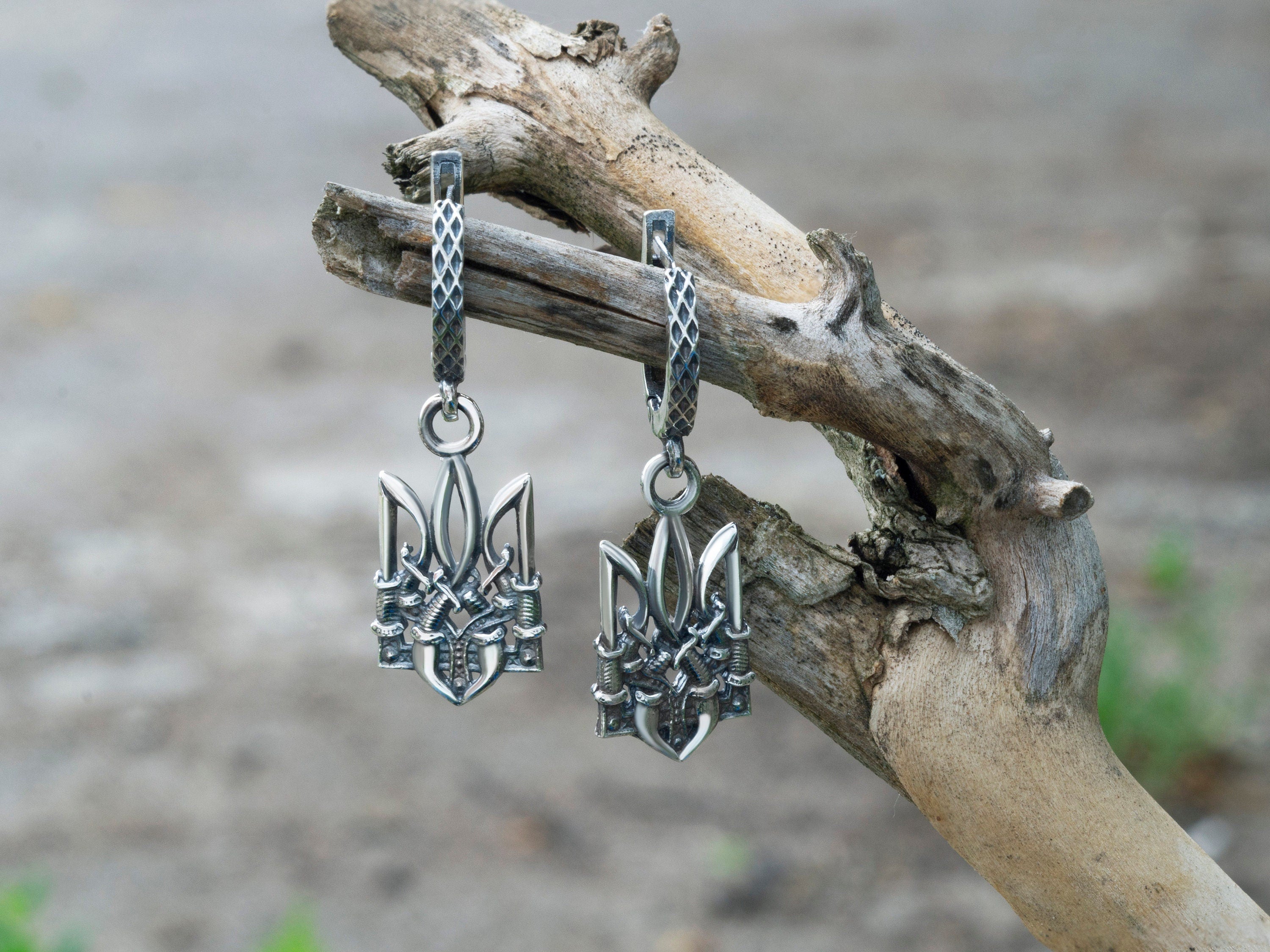 Ukrainian earrings Silver trizub earrings Trident jewelry Freedom earrings