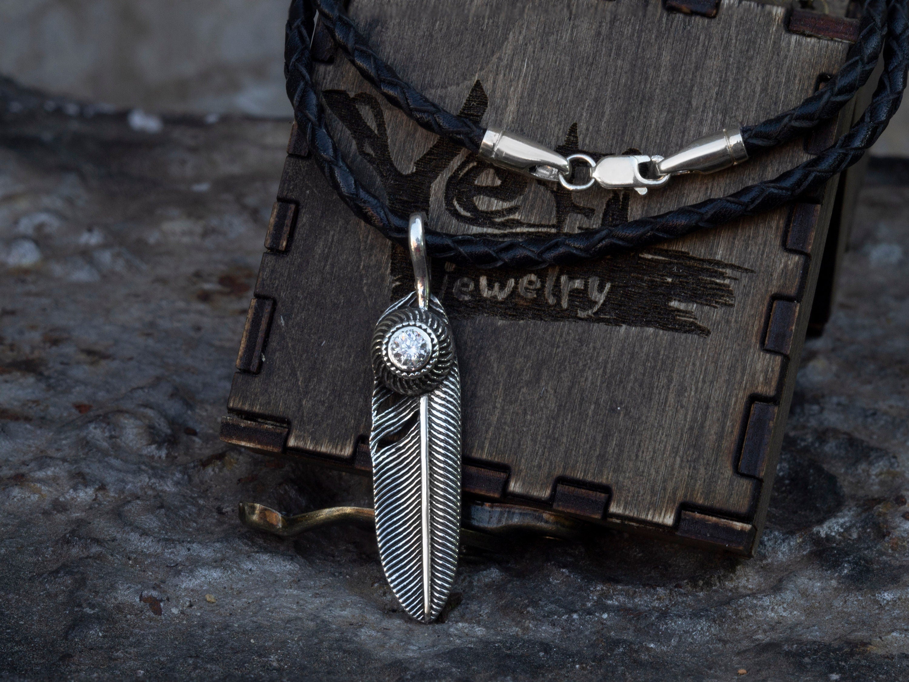 Silver feather necklace Feather pendant with CZ gemstne Native American Inspired Tribal Feather Pendant