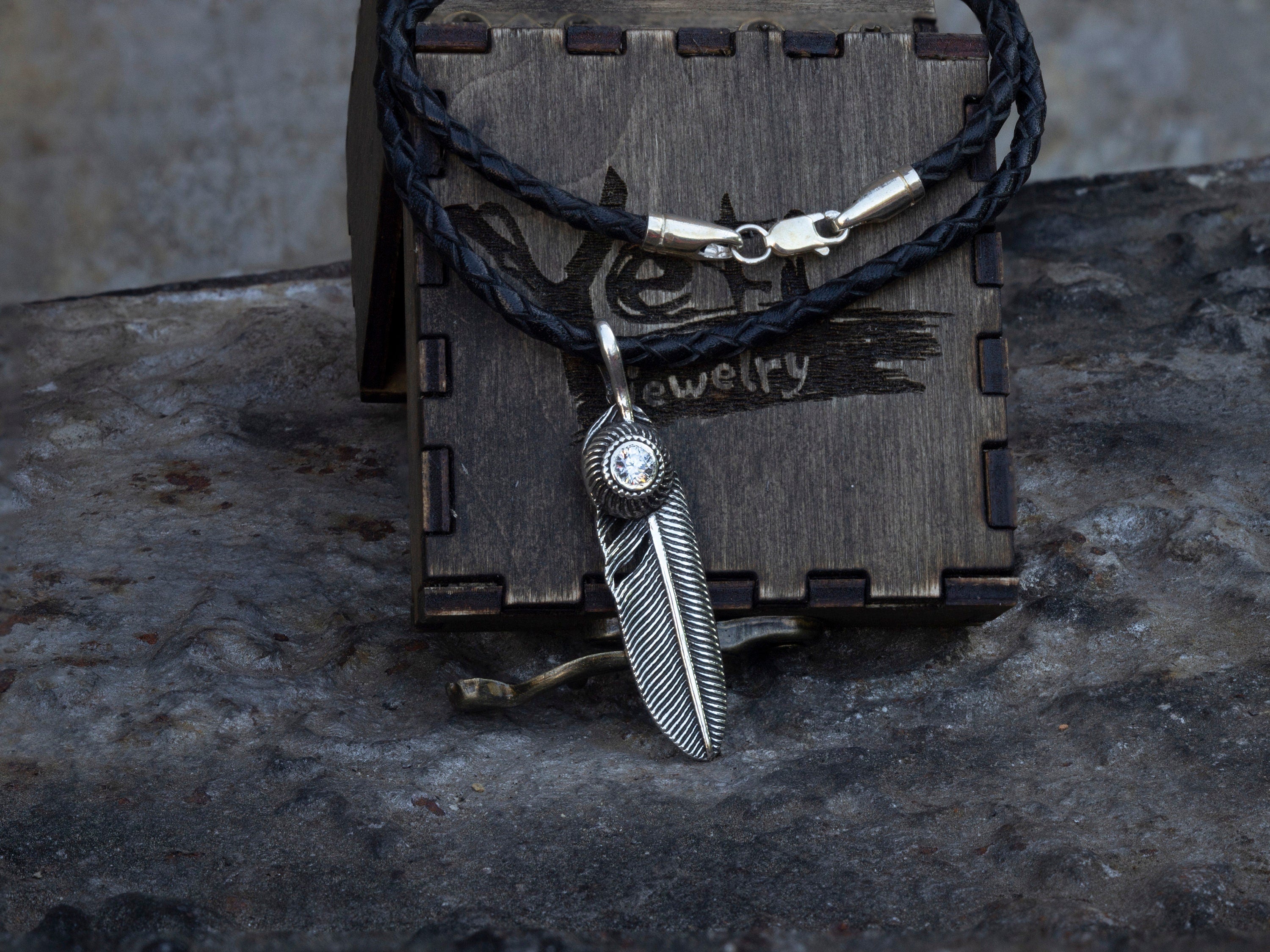 Silver feather necklace Feather pendant with CZ gemstne Native American Inspired Tribal Feather Pendant