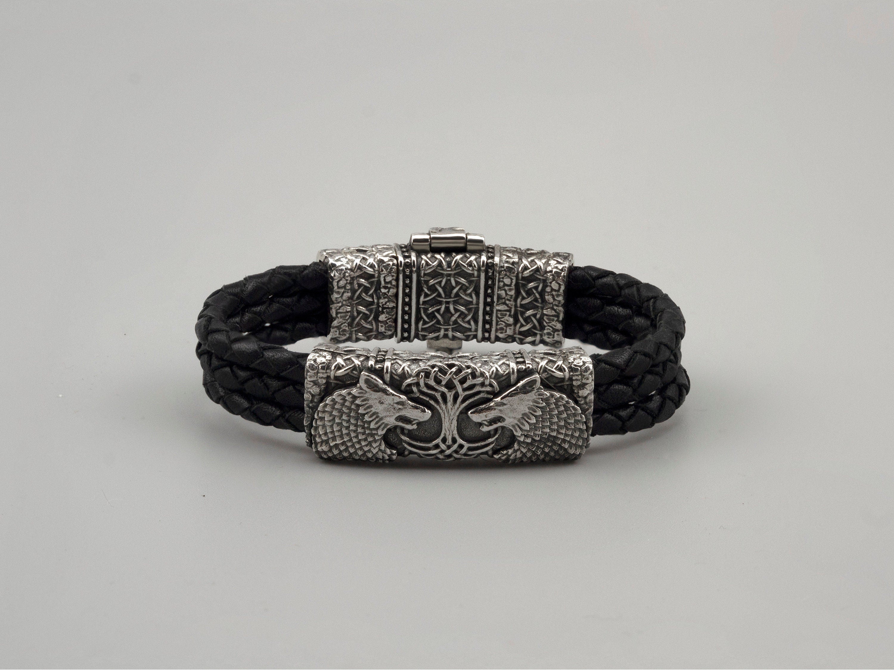 Nordic bracelet Yggdrasil Two wolf and life tree Viking Wolf bracelet Silver bracelet Tree of life