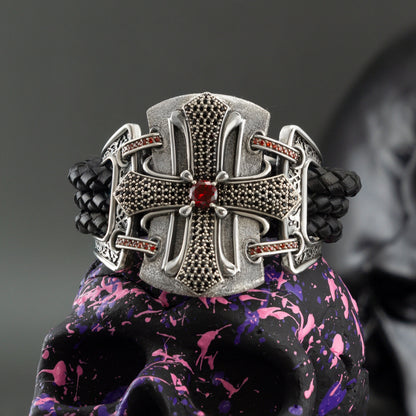 Gothic bracelet Silver cross bracelet Leather women's bracelet Medieval cross