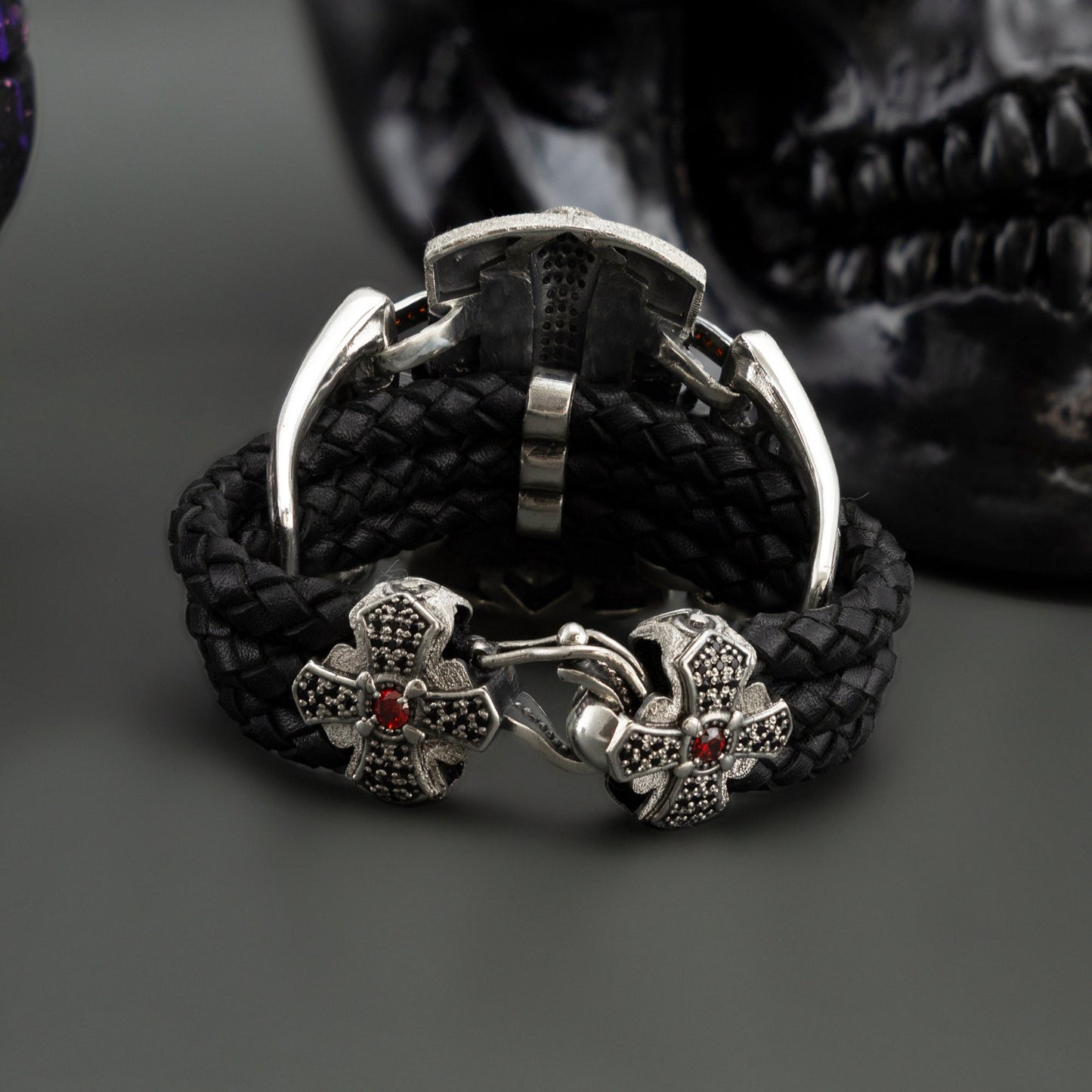 Gothic bracelet Silver cross bracelet Leather women's bracelet Medieval cross