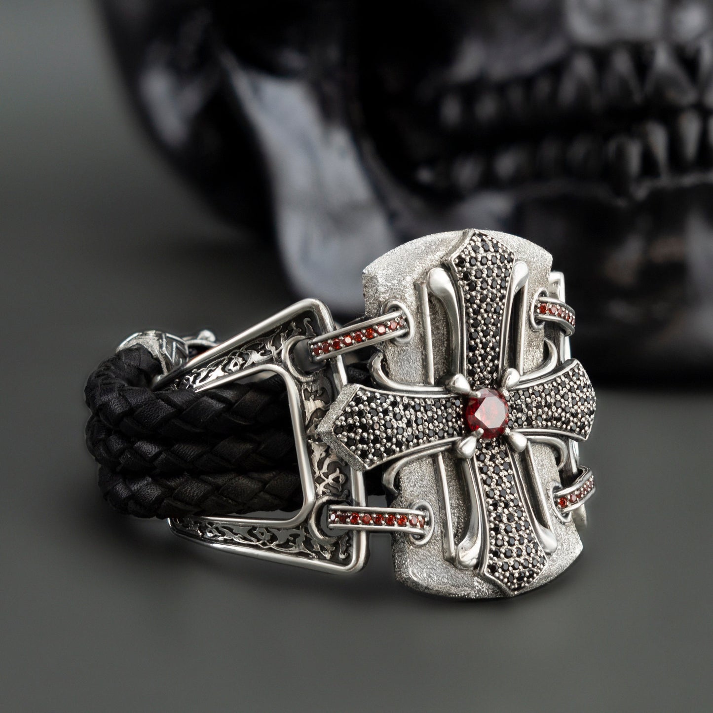 Gothic bracelet Silver cross bracelet Leather women's bracelet Medieval cross