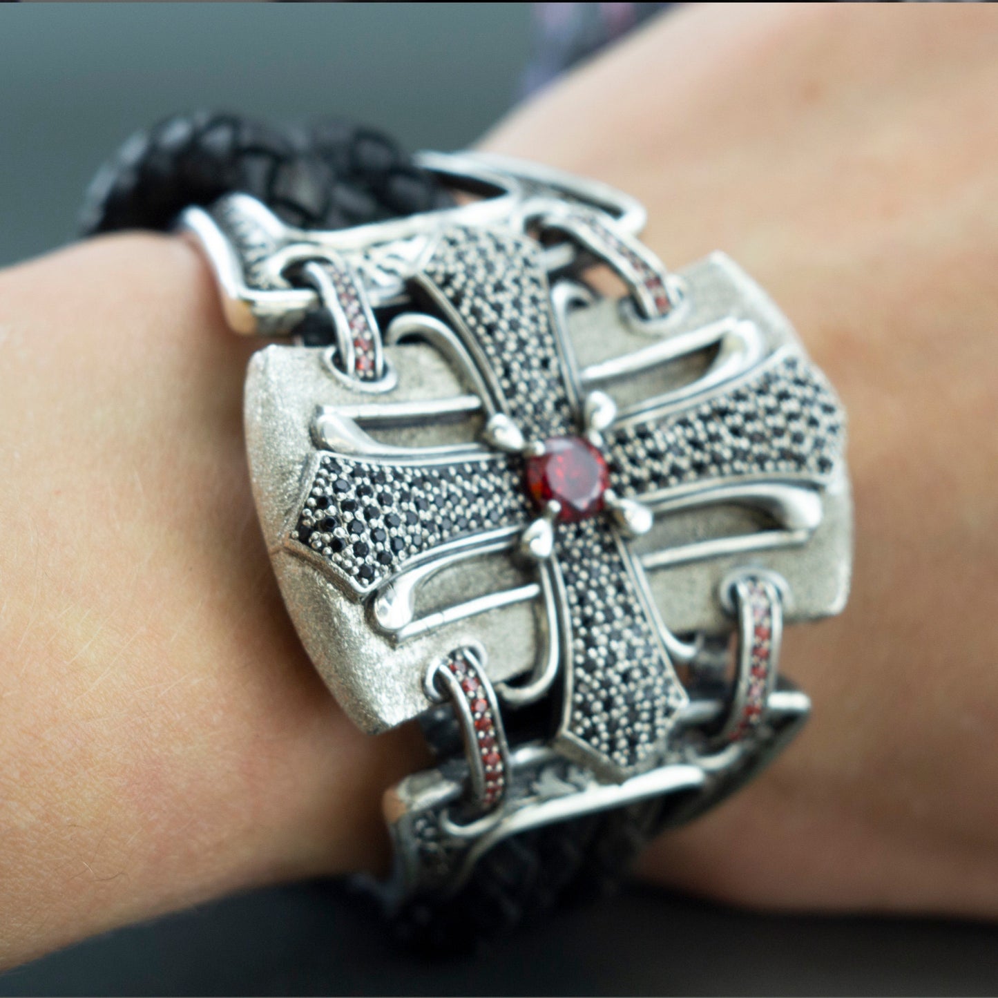 Gothic bracelet Silver cross bracelet Leather women's bracelet Medieval cross