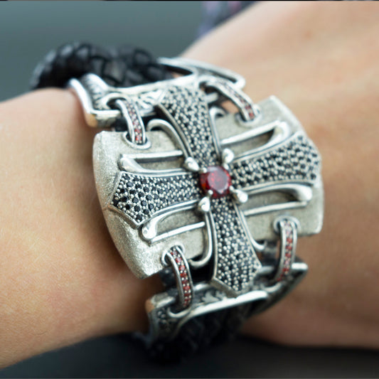 Gothic bracelet Silver cross bracelet Leather women's bracelet Medieval cross