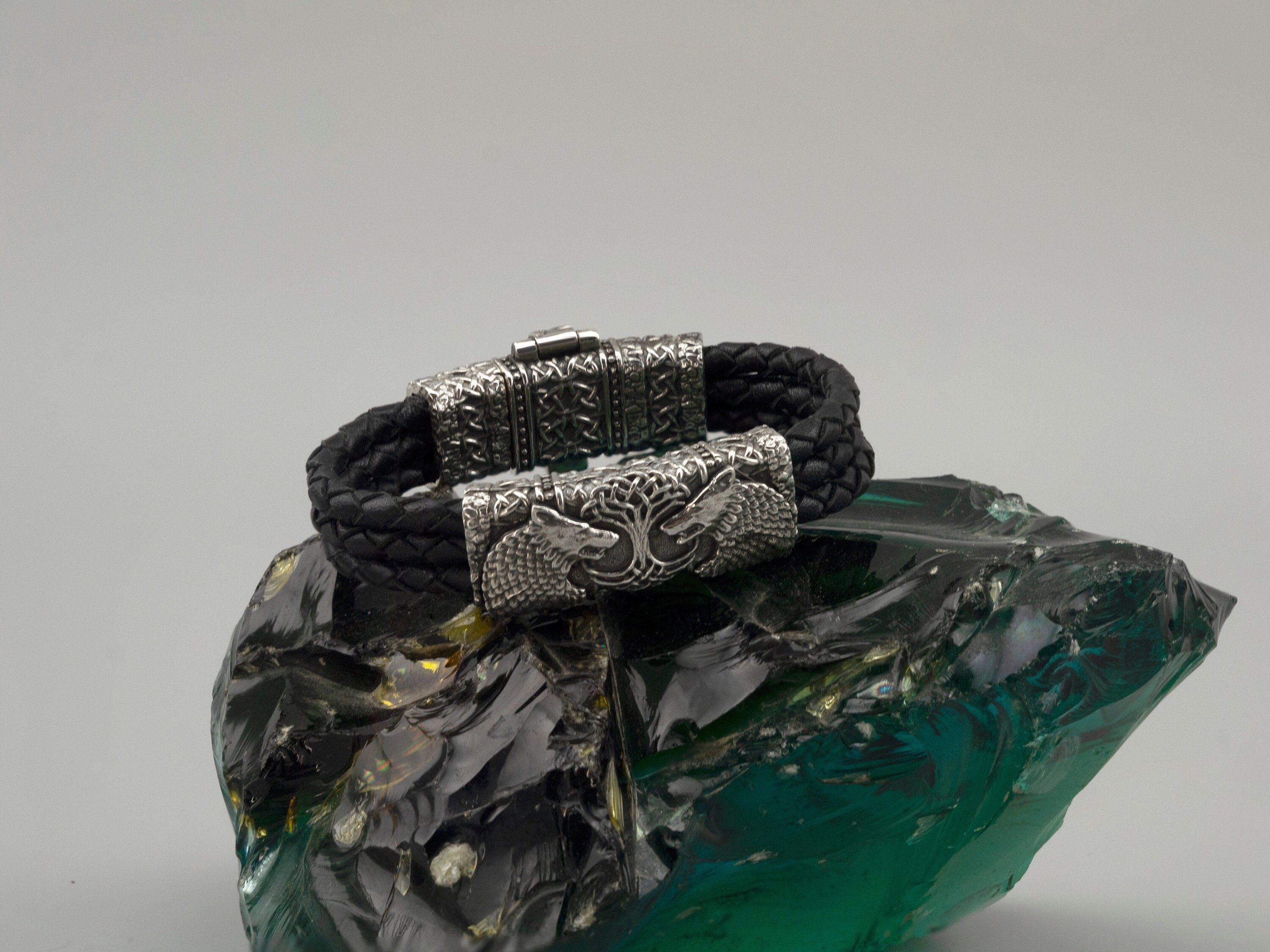 Nordic bracelet Yggdrasil Two wolf and life tree Viking Wolf bracelet Silver bracelet Tree of life